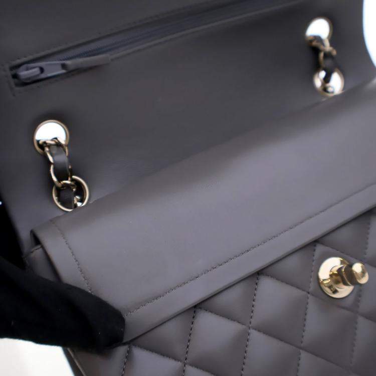 Pre Owned Chanel Small Grey Lambskin Classic Double Flap Bag