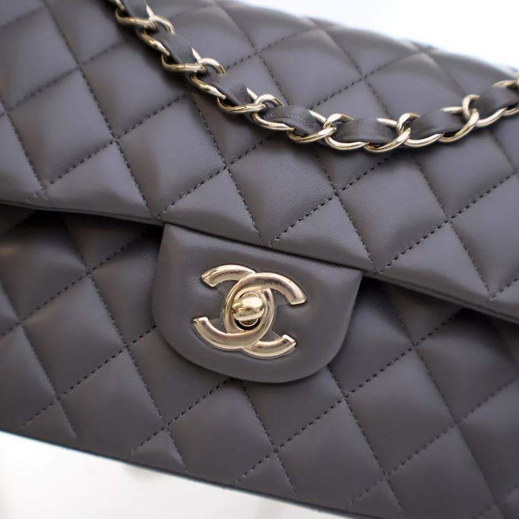 Pre Owned Chanel Small Grey Lambskin Classic Double Flap Bag