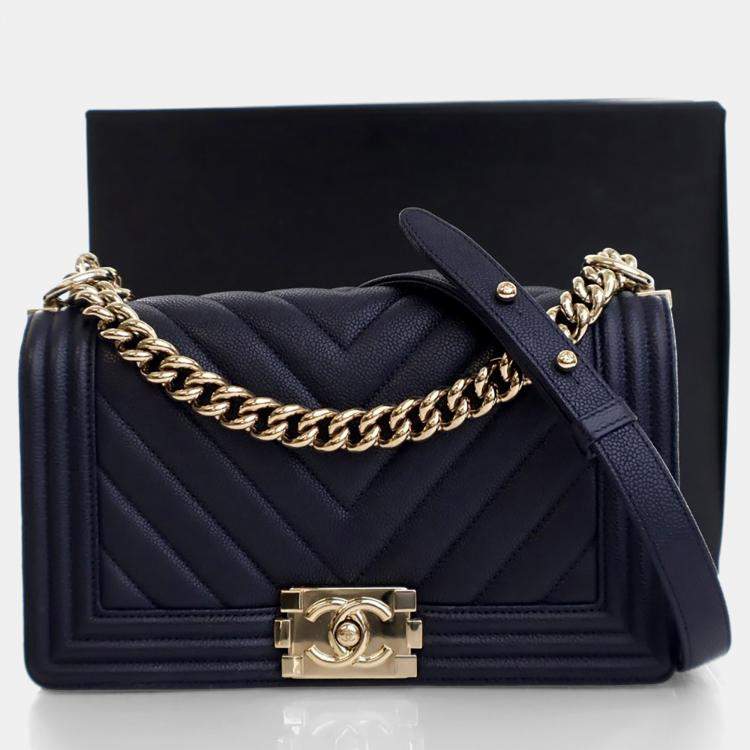 Pre Owned Chanel Medium Navy Caviar Chevron Boy Bag