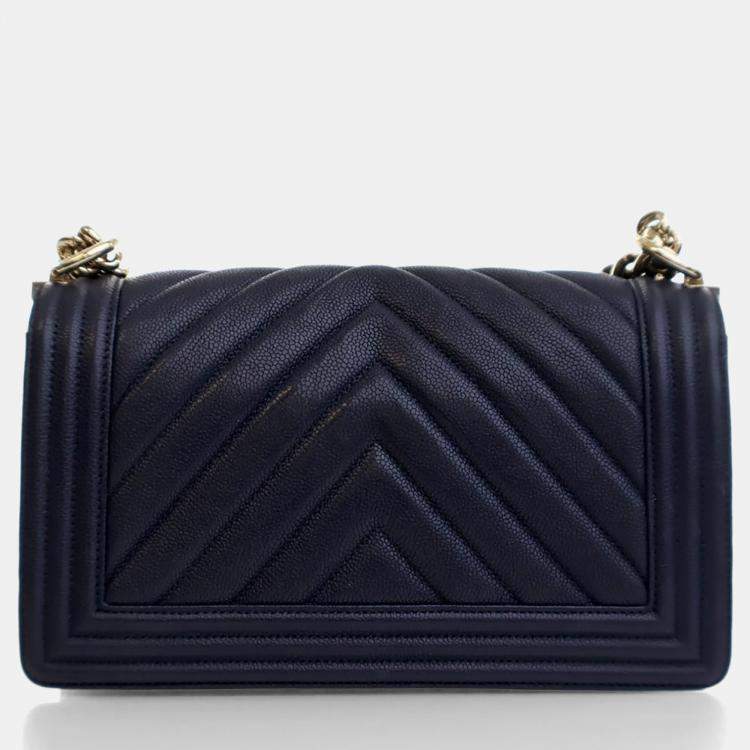 Pre Owned Chanel Medium Navy Caviar Chevron Boy Bag
