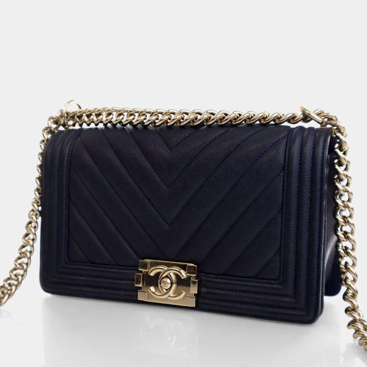 Pre Owned Chanel Medium Navy Caviar Chevron Boy Bag