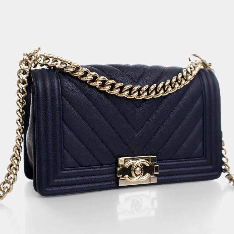 Pre Owned Chanel Medium Navy Caviar Chevron Boy Bag