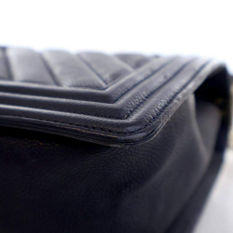 Pre Owned Chanel Medium Navy Caviar Chevron Boy Bag