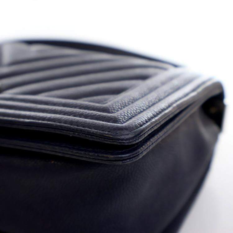 Pre Owned Chanel Medium Navy Caviar Chevron Boy Bag