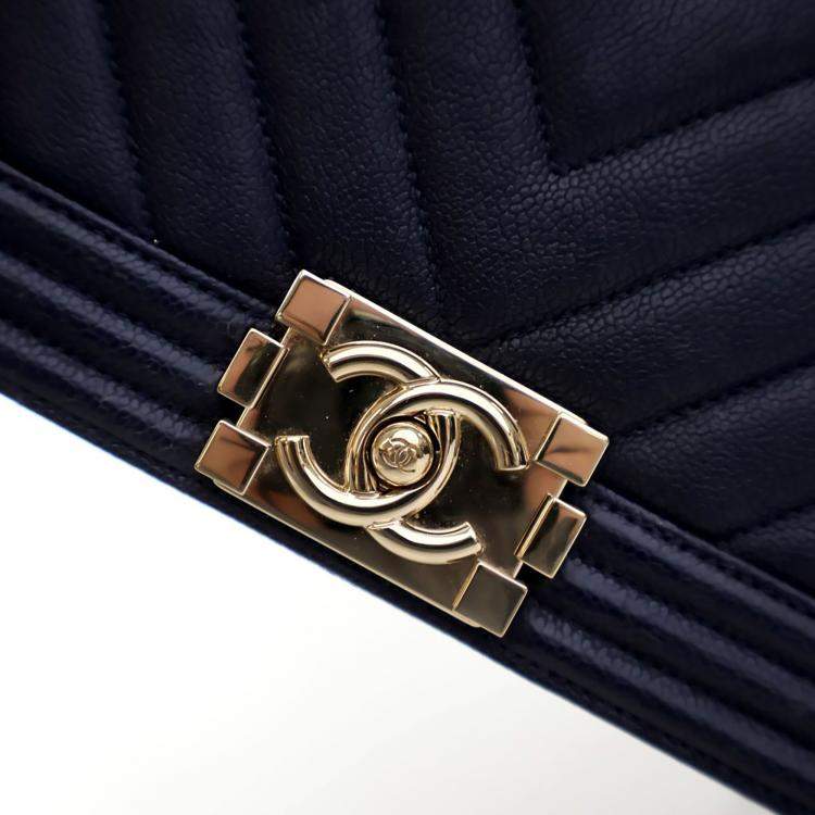 Pre Owned Chanel Medium Navy Caviar Chevron Boy Bag