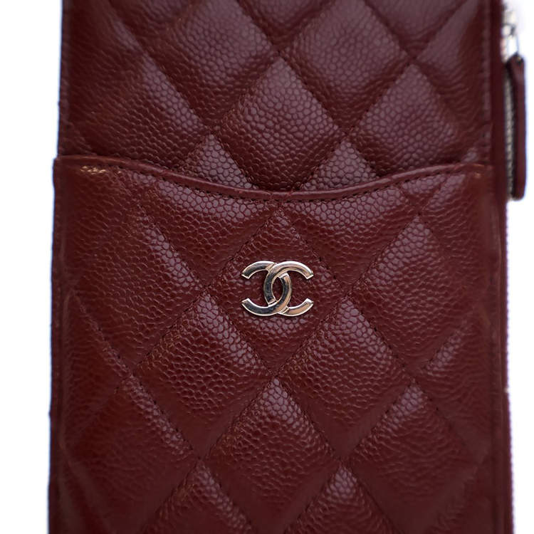 Pre Owned Chanel Red Caviar Classic Flat Wallet Pouch