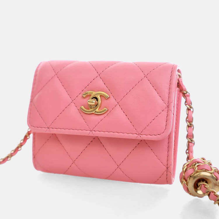 Pre Owned Chanel Mini Pink Lambskin Pearl Crush Clutch On Chain