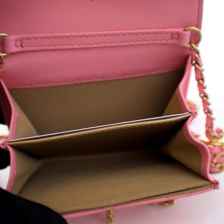Pre Owned Chanel Mini Pink Lambskin Pearl Crush Clutch On Chain