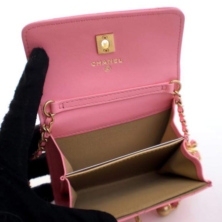 Pre Owned Chanel Mini Pink Lambskin Pearl Crush Clutch On Chain