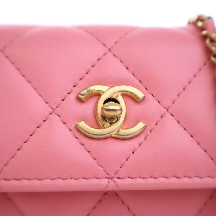 Pre Owned Chanel Mini Pink Lambskin Pearl Crush Clutch On Chain
