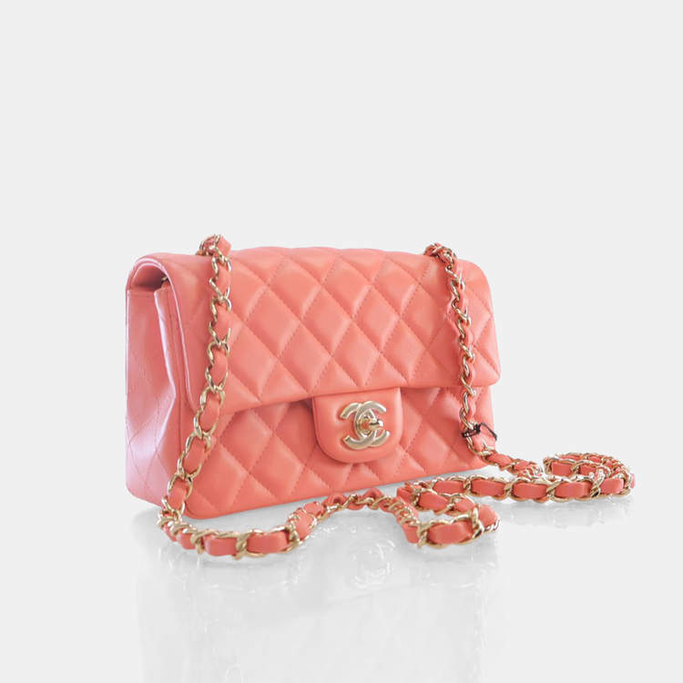 Pre Owned Chanel Mini Rose Pink Lambskin Rectangular Classic Flap Bag