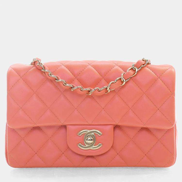 Pre Owned Chanel Mini Rose Pink Lambskin Rectangular Classic Flap Bag