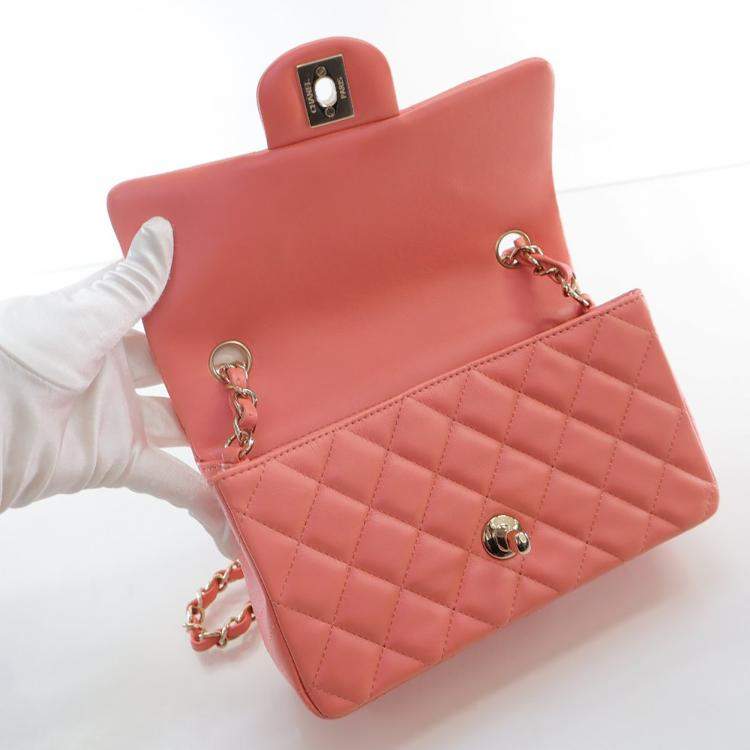 Pre Owned Chanel Mini Rose Pink Lambskin Rectangular Classic Flap Bag