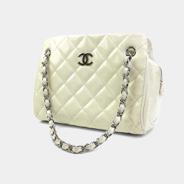Pre Owned Chanel Vintage White Patent Quilted Timeless Tote