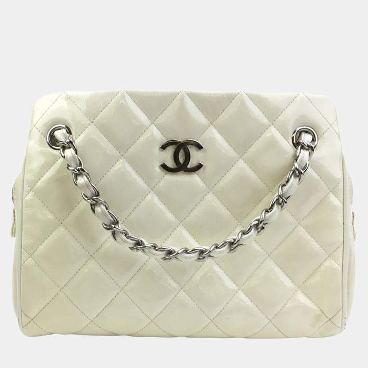 Pre Owned Chanel Vintage White Patent Quilted Timeless Tote