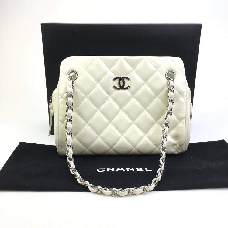 Pre Owned Chanel Vintage White Patent Quilted Timeless Tote
