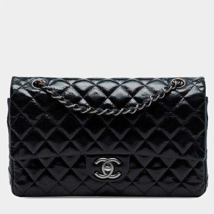 Pre Owned Chanel Blue Medium Classic Crinkled Patent Double Flap