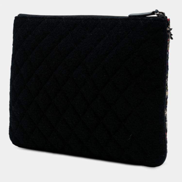 Pre Owned Chanel Blue Quilted Tweed and Wool Cosmetic Pouch
