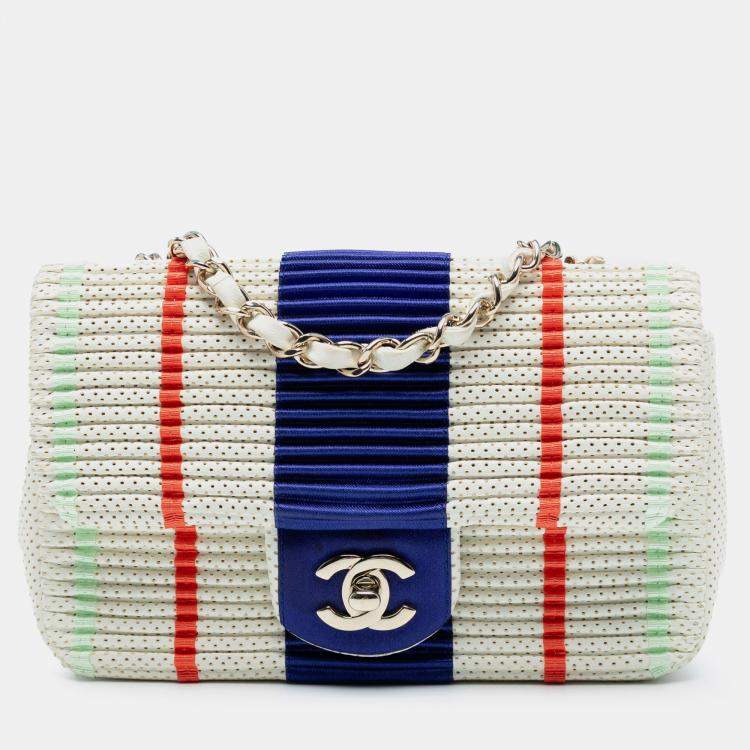 Pre Owned Chanel Blue White Mini Rectangular Classic Pleated Perforated Lambskin Single Flap