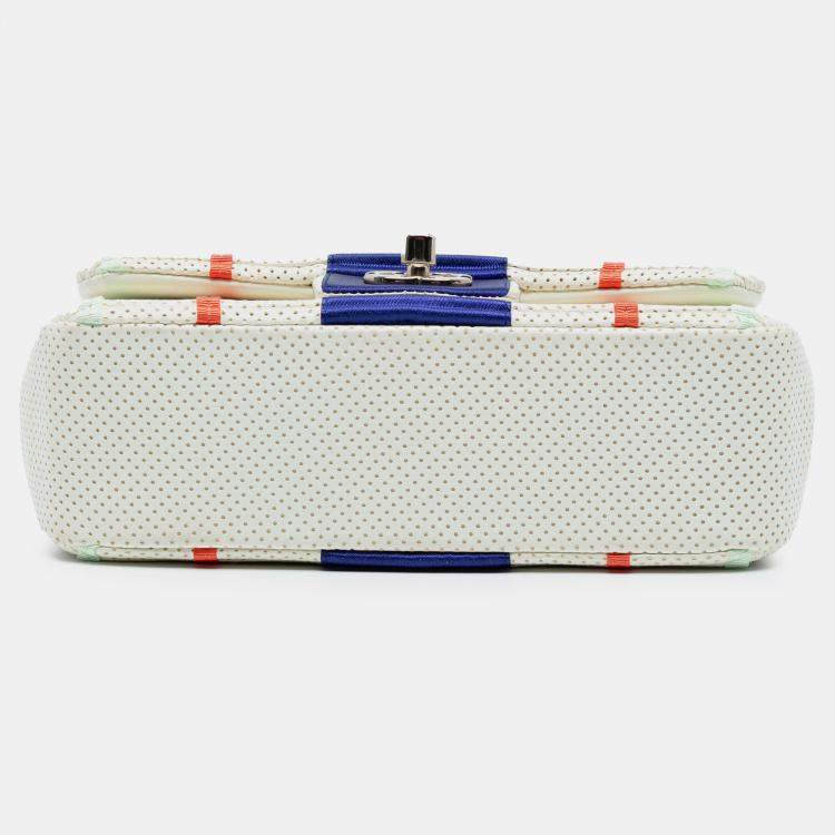 Pre Owned Chanel Blue White Mini Rectangular Classic Pleated Perforated Lambskin Single Flap