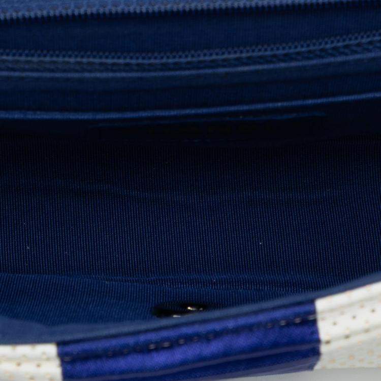 Pre Owned Chanel Blue White Mini Rectangular Classic Pleated Perforated Lambskin Single Flap