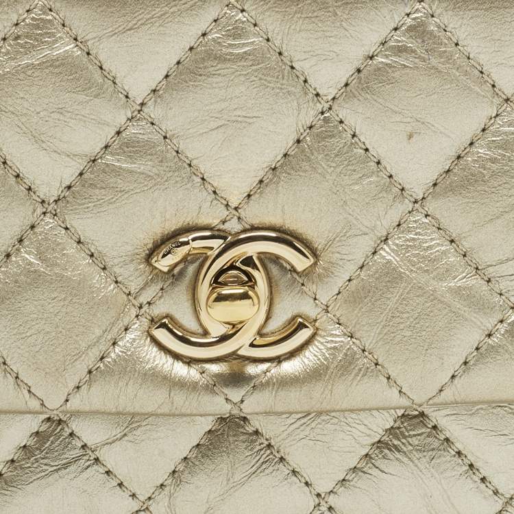 Pre Owned Chanel Coco Handle Mini Gold Quilted Aged Leather Top Handle Bag