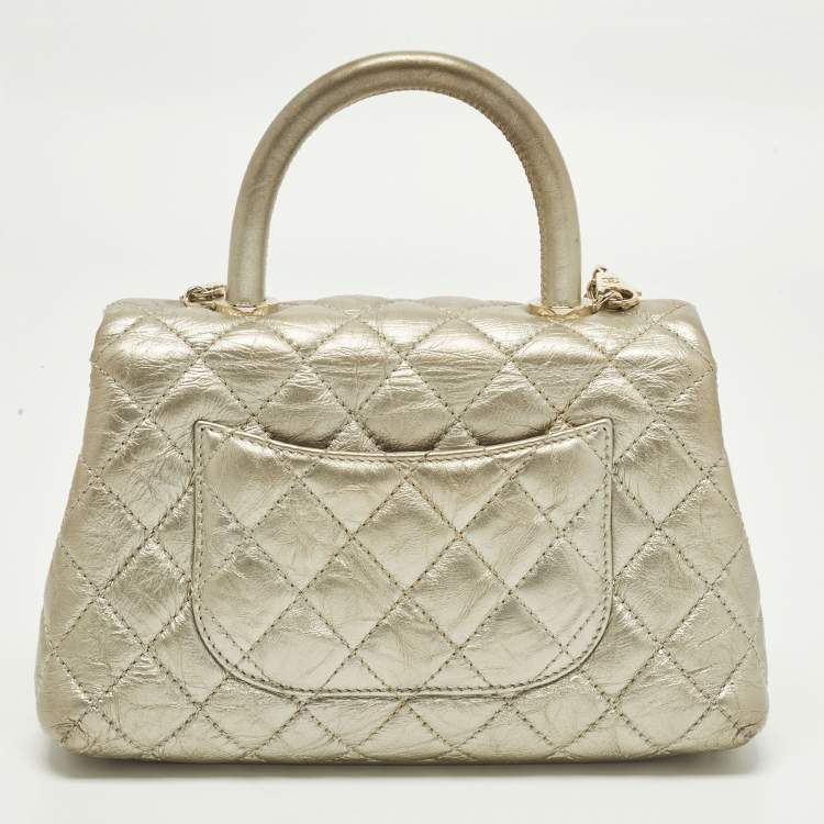Pre Owned Chanel Coco Handle Mini Gold Quilted Aged Leather Top Handle Bag