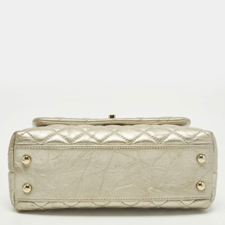 Pre Owned Chanel Coco Handle Mini Gold Quilted Aged Leather Top Handle Bag