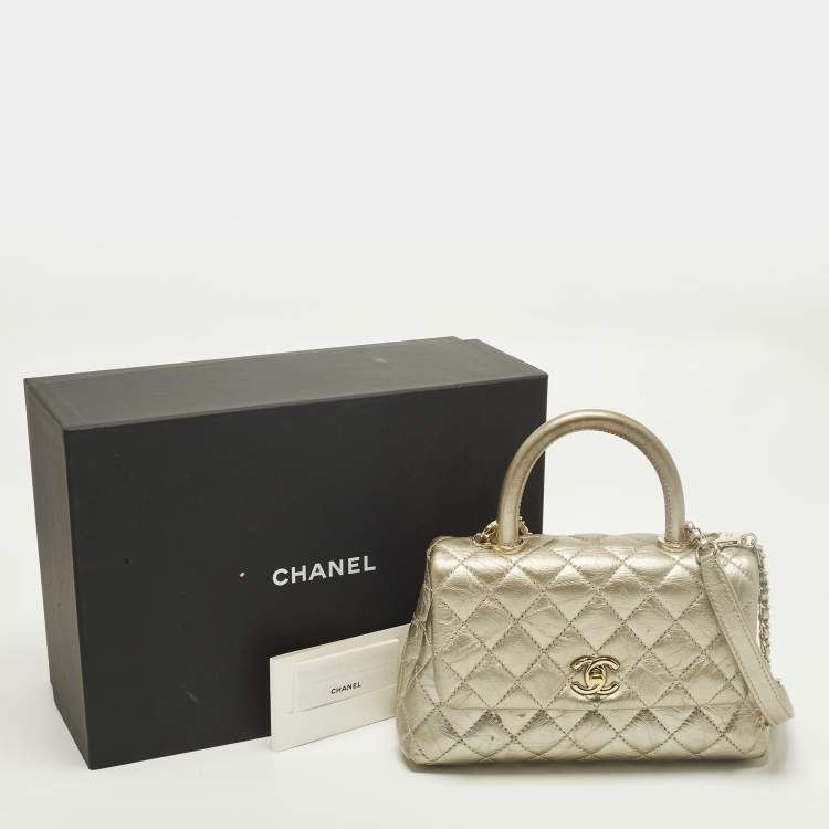 Pre Owned Chanel Coco Handle Mini Gold Quilted Aged Leather Top Handle Bag