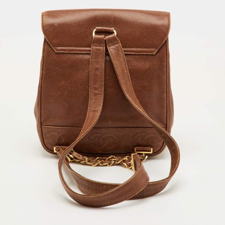 Pre Owned Chanel CC Drawstring Vintage Brown Caviar Leather Backpack