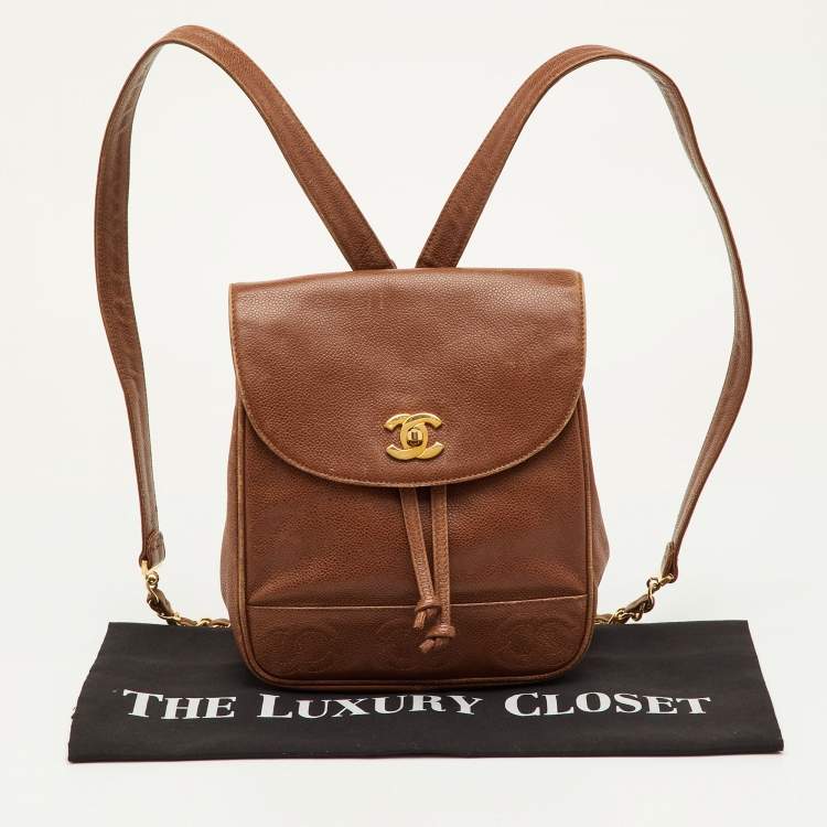 Pre Owned Chanel CC Drawstring Vintage Brown Caviar Leather Backpack