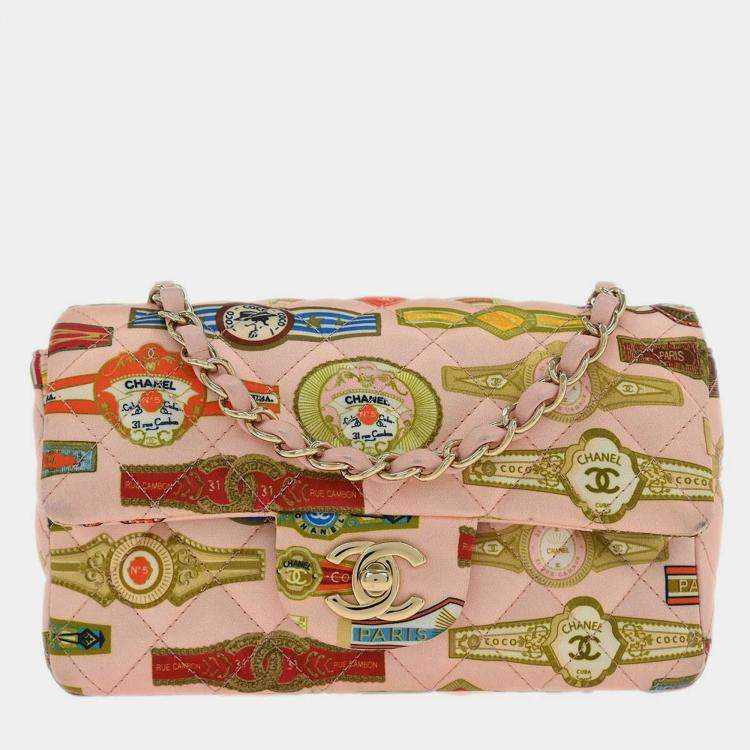 Pre Owned Chanel Pink Satin Cuba Cigare Print Shoulder Bag
