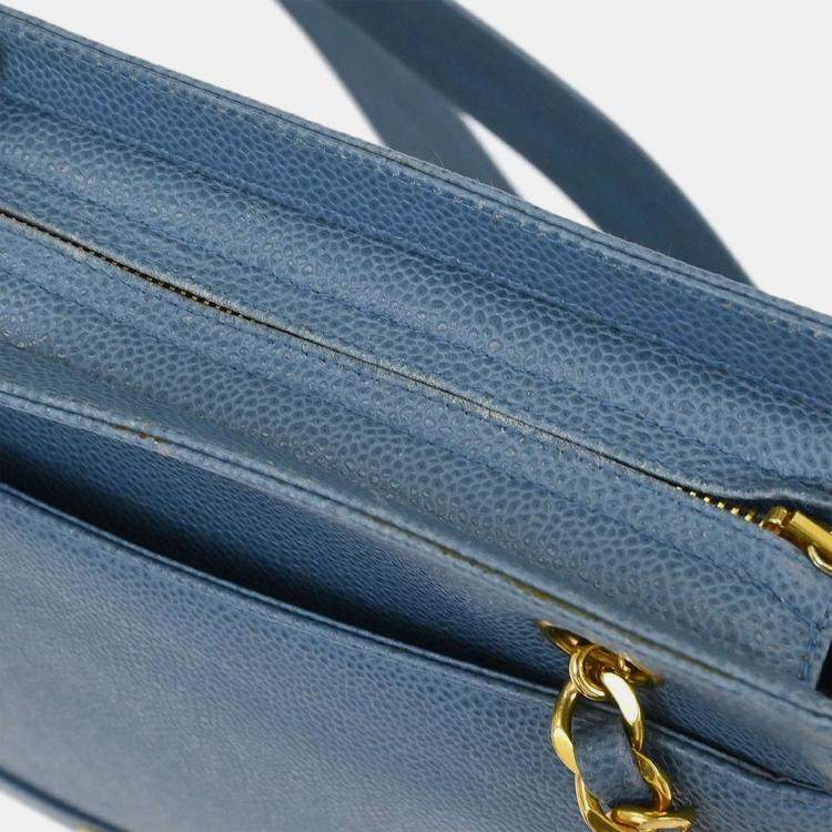 Pre Owned Chanel Blue Calfskin Triple CC Shoulder Tote Bag