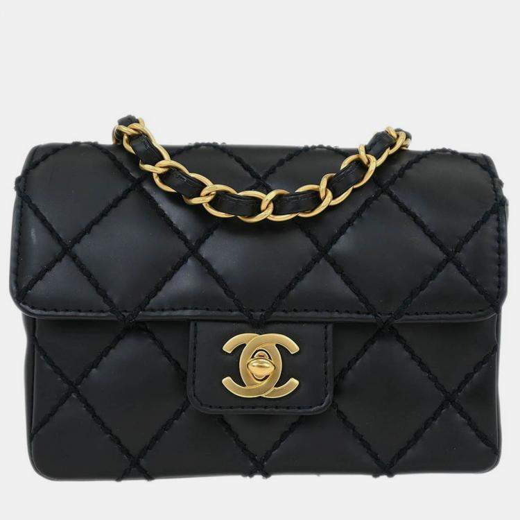 Pre Owned Chanel Black Calfskin Wild Stitch Single Flap Shoulder Bag