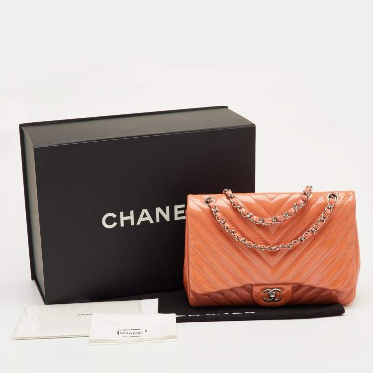 Pre Owned Chanel Peach Jumbo Chevron Patent Leather Classic Single Flap Bag