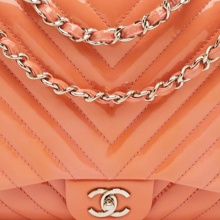 Pre Owned Chanel Peach Jumbo Chevron Patent Leather Classic Single Flap Bag