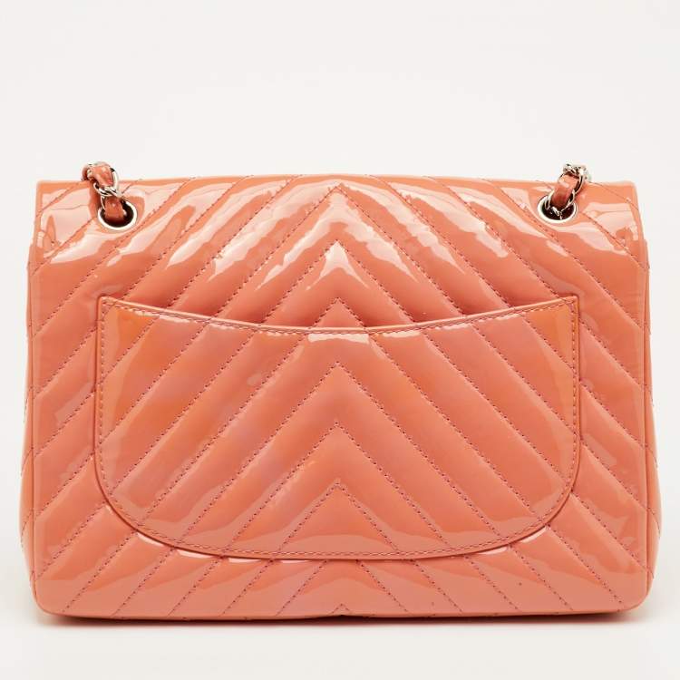 Pre Owned Chanel Peach Jumbo Chevron Patent Leather Classic Single Flap Bag