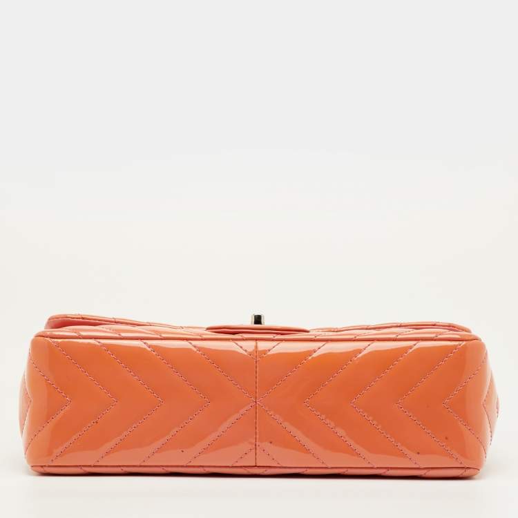 Pre Owned Chanel Peach Jumbo Chevron Patent Leather Classic Single Flap Bag