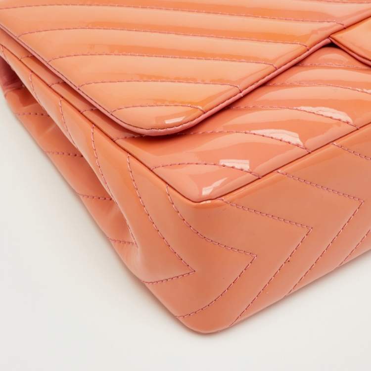 Pre Owned Chanel Peach Jumbo Chevron Patent Leather Classic Single Flap Bag