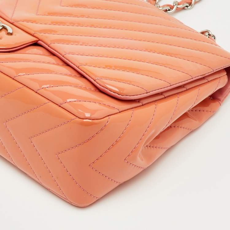 Pre Owned Chanel Peach Jumbo Chevron Patent Leather Classic Single Flap Bag