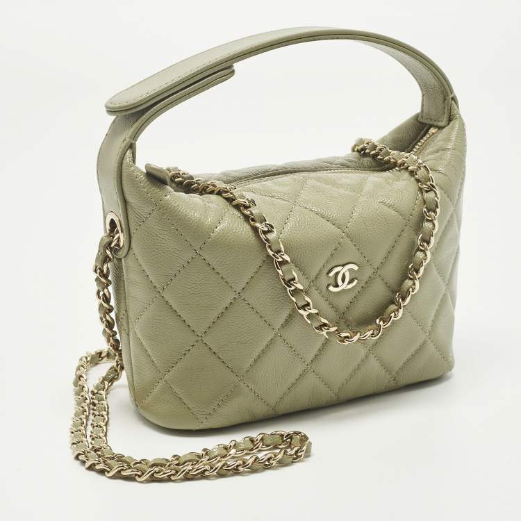 Pre Owned Chanel Classic Chain Light Green Quilted Caviar Leather Hobo