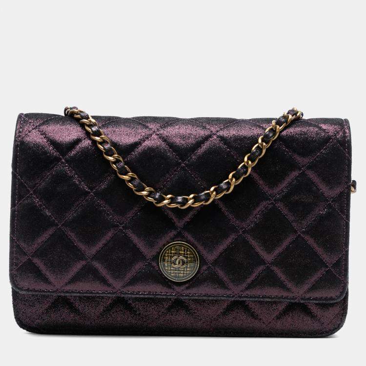 Pre Owned Chanel Purple Quilted Iridescent Lambskin Tartan Button Wallet On Chain