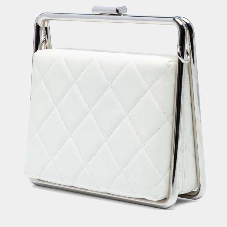 Pre Owned Chanel White Quilted Lambskin Metal Bar Convertible Clutch