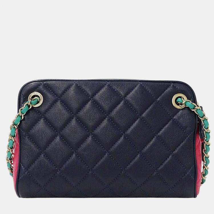 Pre Owned Chanel Matelasse Shoulder Bag Camera Leather Tricolor Blue Pink Green Gold Hardware Chain Mini Small