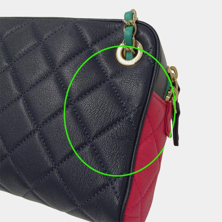 Pre Owned Chanel Matelasse Shoulder Bag Camera Leather Tricolor Blue Pink Green Gold Hardware Chain Mini Small