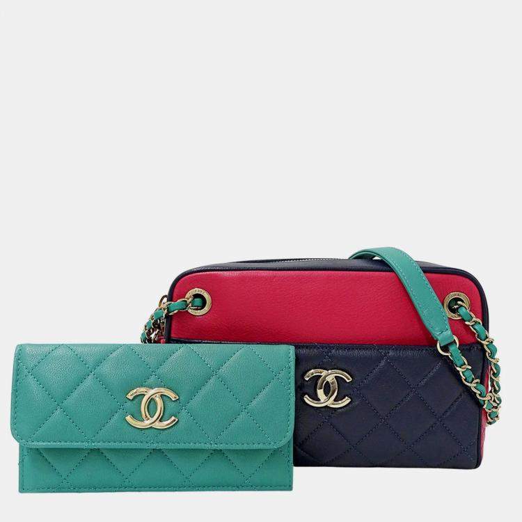 Pre Owned Chanel Matelasse Shoulder Bag Camera Leather Tricolor Blue Pink Green Gold Hardware Chain Mini Small