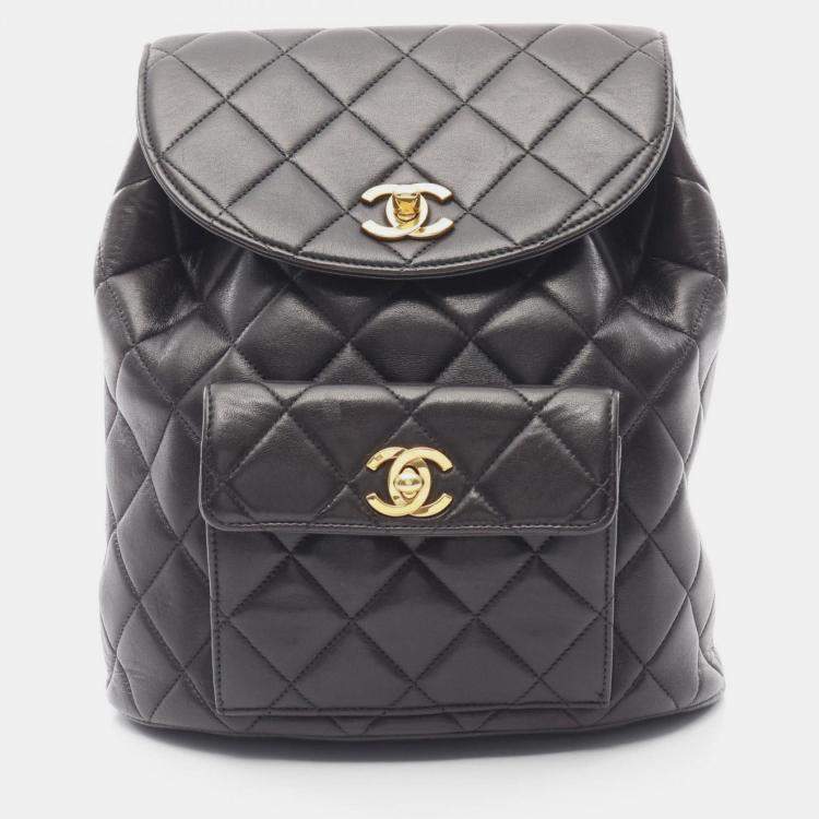 Pre Owned Chanel Matelasse Backpack Bag In Lambskin Leather Black