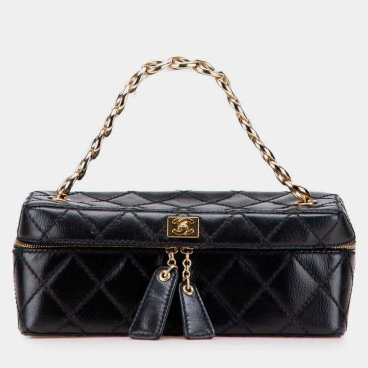 Pre Owned Chanel Matelasse Coco Mark Chain Vanity Bag In Black Leather