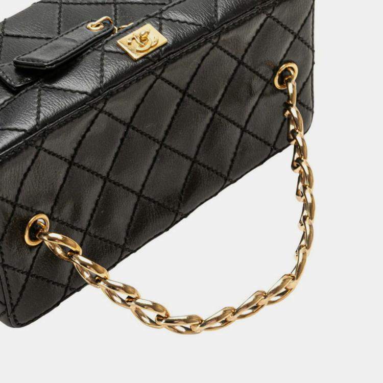 Pre Owned Chanel Matelasse Coco Mark Chain Vanity Bag In Black Leather