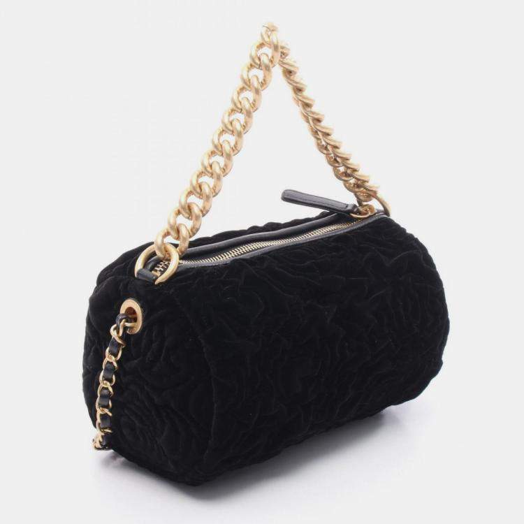 Pre Owned Chanel Camellia Shoulder Bag Leather And Velvet Black
